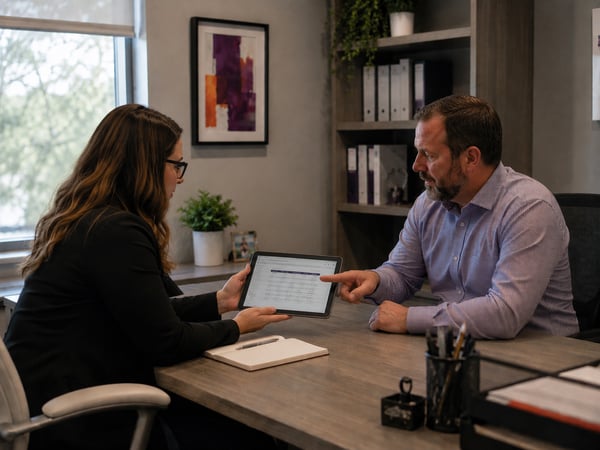 Two insurance professionals reviewing information together on a tablet in a healthcare underwriting office, illustrating disclosure, med mal evaluation, and medical malpractice insurance placement for a medical spa/medspa account.