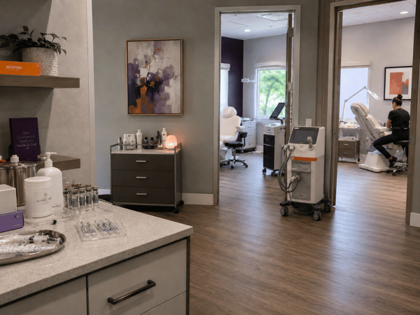 Interior of a modern medspa or medical spa treatment environment illustrating healthcare professional liability risk exposures tied medical malpractice (med mal) insurance.