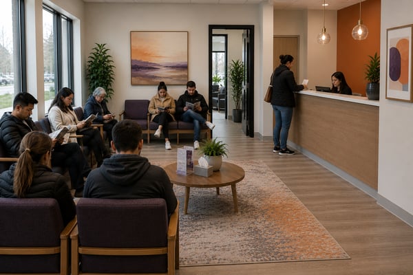 Patients in behavioral health clinic waiting area representing growth in the medical psilocybin treatment and behavioral healthcare market