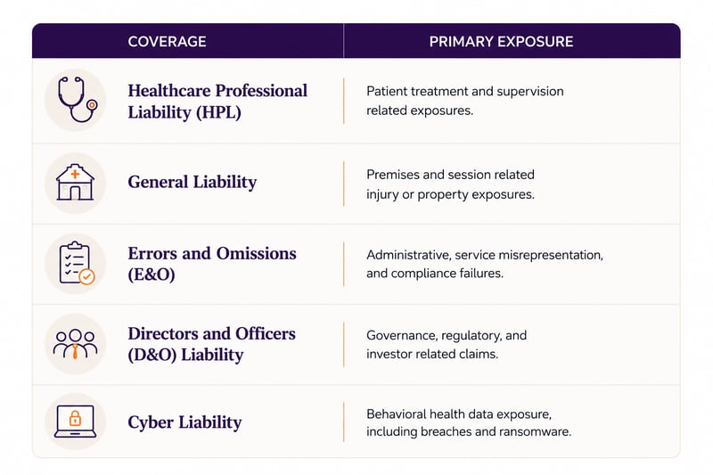 Chart showing healthcare professional liability (HPL), medical malpractice (Med Mal), cyber liability, and related insurance coverages for psilocybin providers