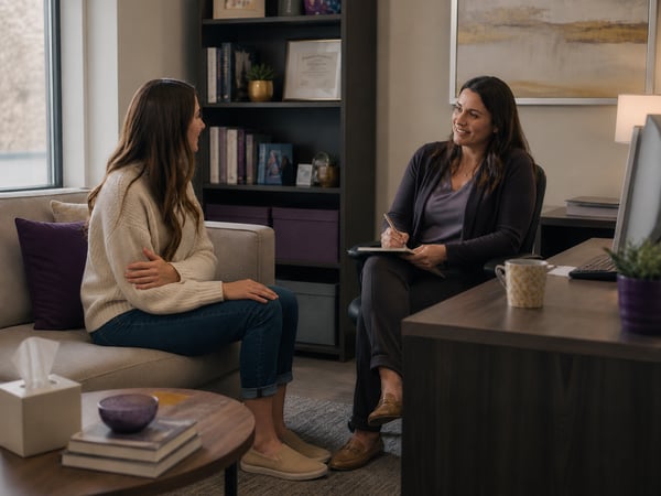 Behavioral health provider meeting with patient during a medical psilocybin therapy consultation associated with emerging healthcare professional liability and medical malpractice risks