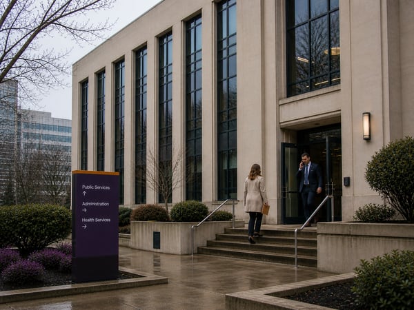 Healthcare administration building representing state regulation, licensing, and compliance requirements for medical psilocybin treatment providers and malpractice exposure