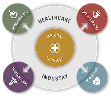 An infographic showing the relationship that aging services, managed care, life science, and social services have with the healthcare and medical service industry. 