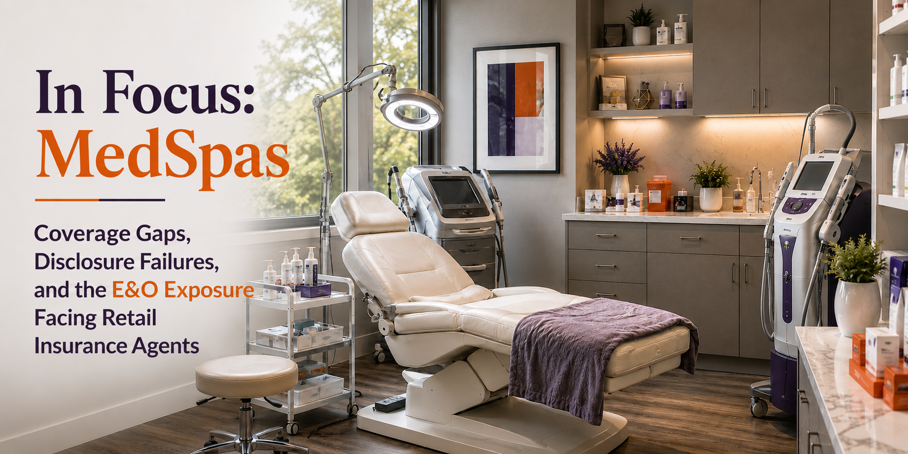 Featured image for an article about MedSpa insurance showing a modern medical spa treatment room with an aesthetic treatment chair, laser equipment, and clinical workstations. The left side displays the headline 